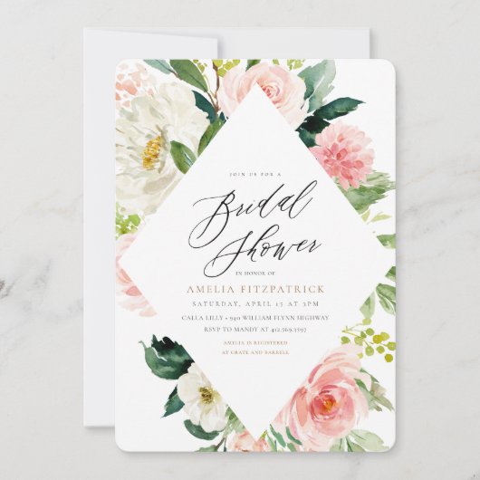 Einladung zur Blumendusche Pfirsich und Weißblüten (Vorderseite)