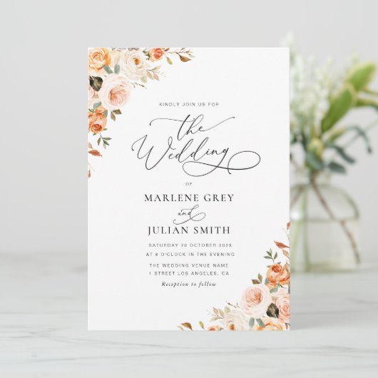 Einladung zur Blumenhochzeit in Gold und Rose (Stehend Vorderseite)