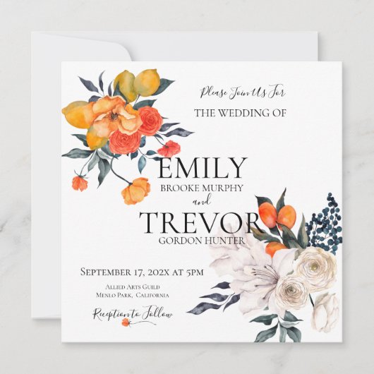 Einladung zur Blumenhochzeit in Orange und Weiß (Vorderseite)