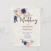 Einladung zur Blumenhochzeit in Pfirsich und Blau (Vorne/Hinten)
