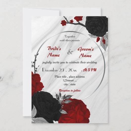 Einladung zur Blumenhochzeit in Rot und Schwarz (Vorderseite)