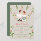 Einladung zur Blumenhochzeit mit Braut und Bräutig (Vorne/Hinten)