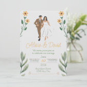 Einladung zur Blumenhochzeit mit Braut und Bräutig (Stehend Vorderseite)