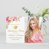 Einladung zur blumenrosa Goldgraduiertenparty (Stehend Vorderseite)