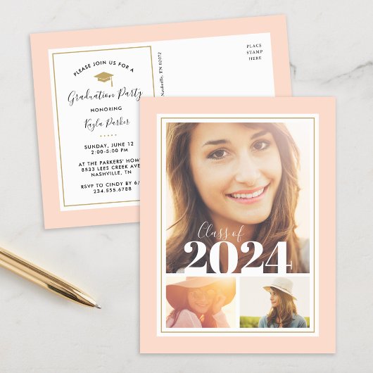Einladung zur Blush and Gold 3 Foto Graduation Par