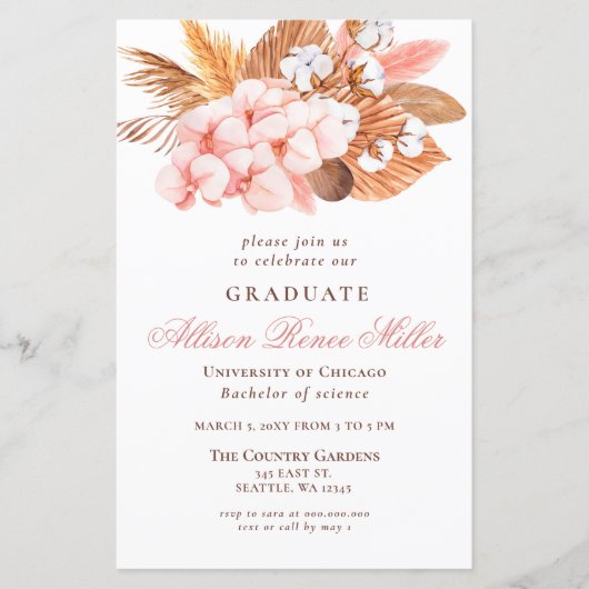 Einladung zur Blush Graduation Party Budget Pampas (Vorderseite)