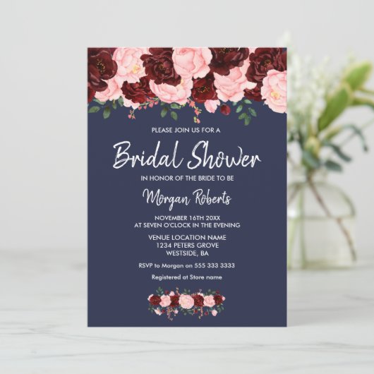 Einladung zur Blush Navy Blue Bridal Dusche in Bur (Stehend Vorderseite)