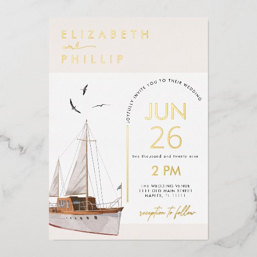 Einladung zur Bootsküste Nautical Wedding Foil (Vorderseite)