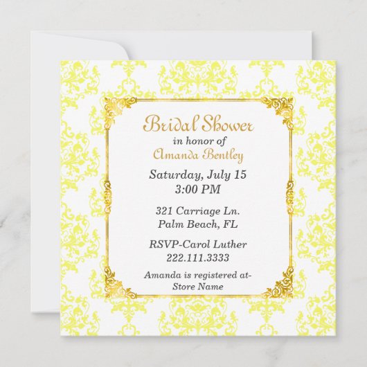Einladung zur Brautdusche "Yellow & White Damask" (Vorderseite)