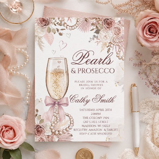 Einladung zur Brautparty mit Perlen und Prosecco
