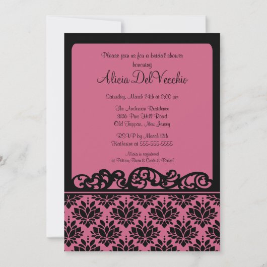 Einladung zur Bridal Dusche in Pink & Black Damask (Vorderseite)