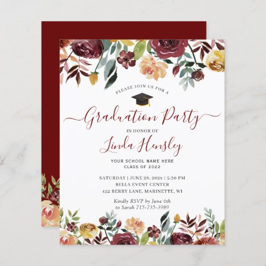 Einladung zur "Budget Burgundy Floral Graduation P (Vorne/Hinten)