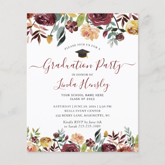 Einladung zur "Budget Burgundy Floral Graduation P (Vorderseite)