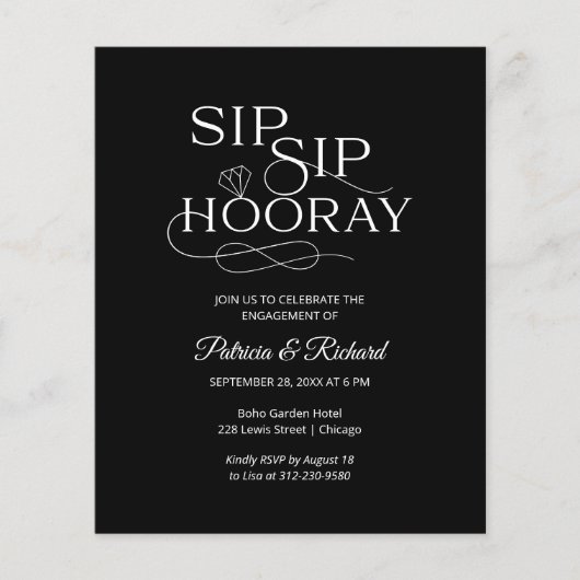 Einladung zur "Budget Sip Hooray Engagement Party" (Vorderseite)