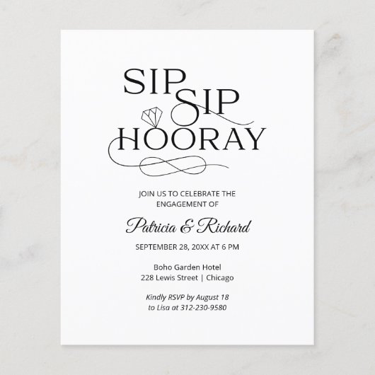 Einladung zur "Budget Sip Hooray Engagement Party" (Vorderseite)
