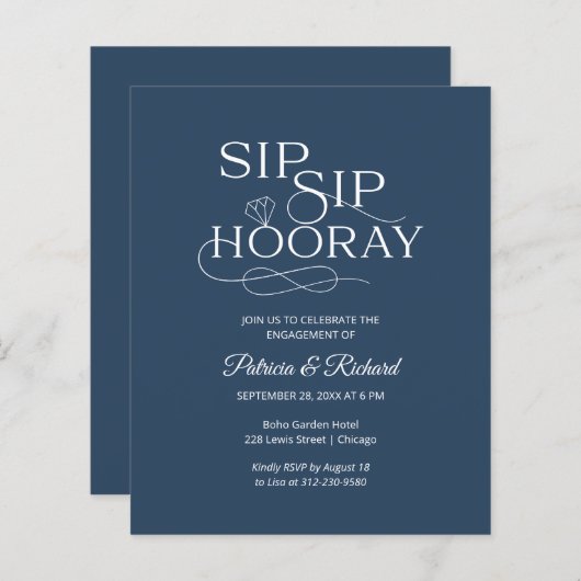 Einladung zur "Budget Sip Hooray Engagement Party" (Vorne/Hinten)