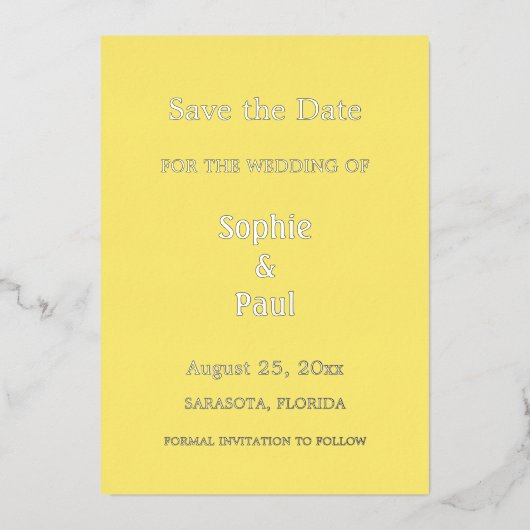Einladung zur Buttergelben Save the Date Foil (Vorderseite)