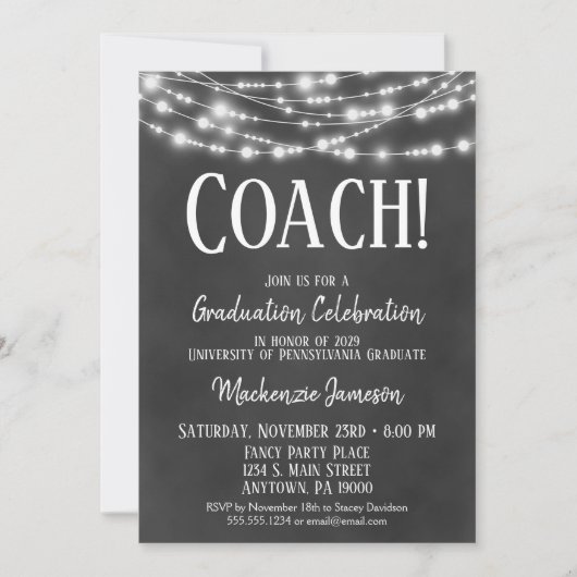 Einladung zur Chalkboard Coach Graduation Party (Vorderseite)