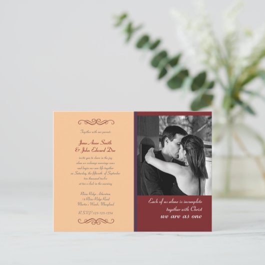 Einladung zur christlichen Hochzeit in Gelb und Ro (Stehend Vorderseite)