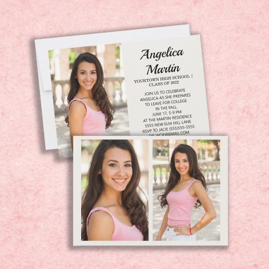 Einladung zur Creme 2-seitig 3-Foto-Graduationspar