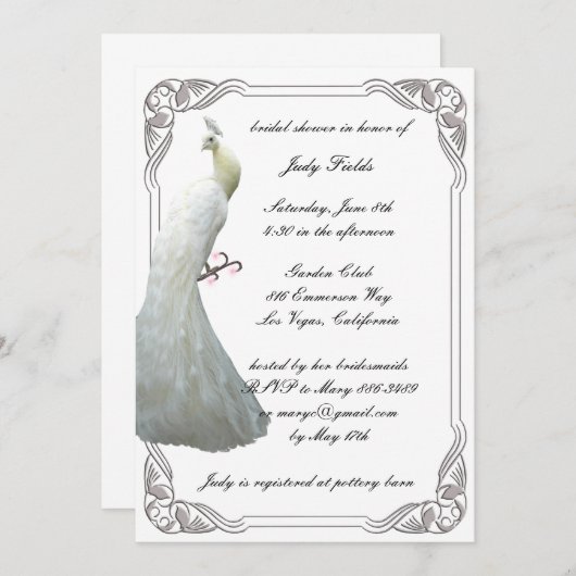 Einladung zur Custom White Peacock Bridal Dusche (Vorne/Hinten)