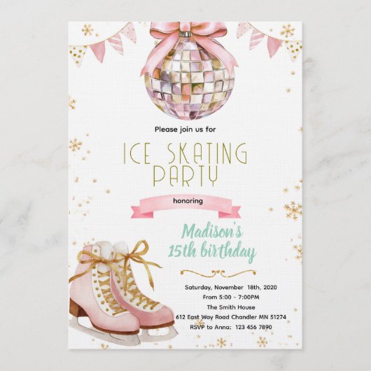 Einladung zur Disco-Eislaufparty mit rosa Schleife (Vorderseite)