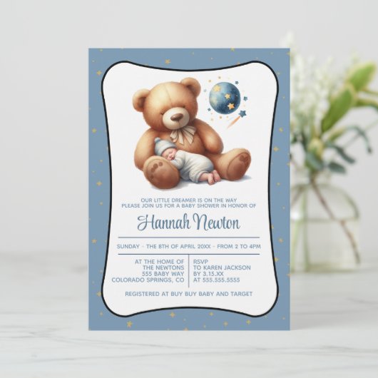 Einladung zur Dream Bear Baby Dusche (Stehend Vorderseite)