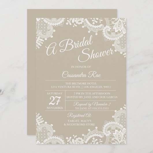 Einladung zur Dusche in Beige und Spitzen-Bridal (Vorne/Hinten)