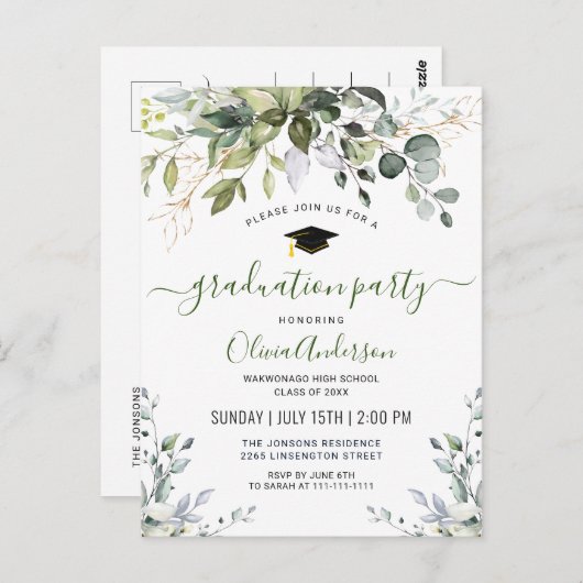 Einladung zur Elegant Eukalyptus Graduation Party Postkarte (Vorne/Hinten)