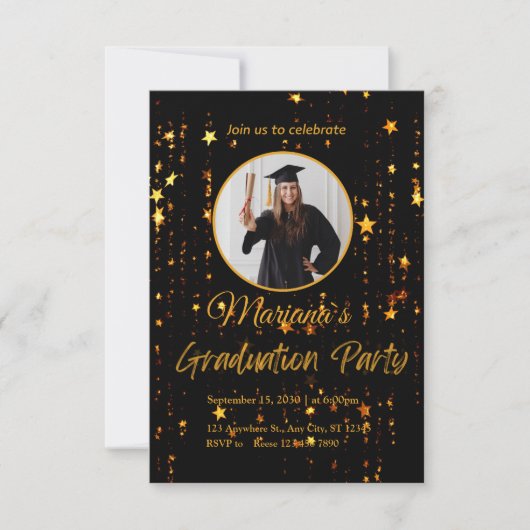 Einladung zur eleganten Black and Gold Graduation  (Vorderseite)
