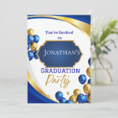 Einladung zur eleganten Blue & Gold Graduation Par (Stehend Vorderseite)