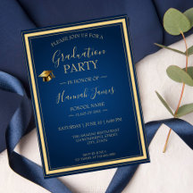 Einladung zur eleganten Blue & Gold Graduation Par