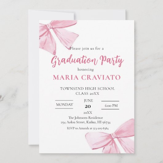 Einladung zur eleganten Pink Bows Graduation Party (Vorderseite)