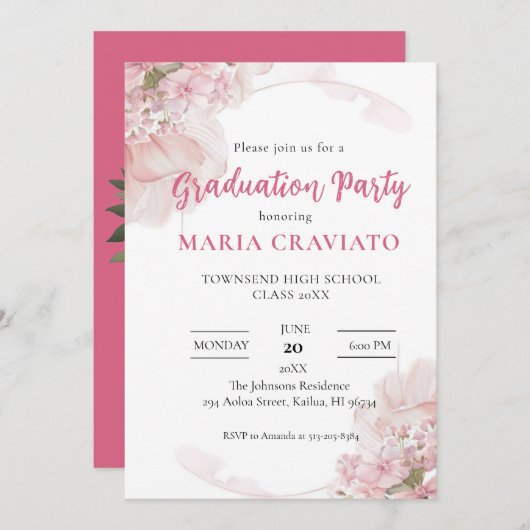 Einladung zur eleganten Pink Hydrangea Graduation  (Vorne/Hinten)
