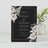 Einladung zur eleganten White Rose Black Wedding (Stehend Vorderseite)