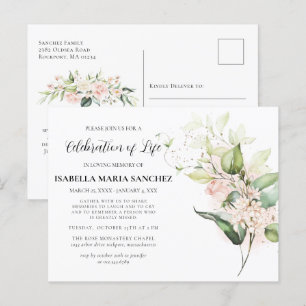 Einladung zur Feier des Lebens mit rosa Rosenblume Postkarte