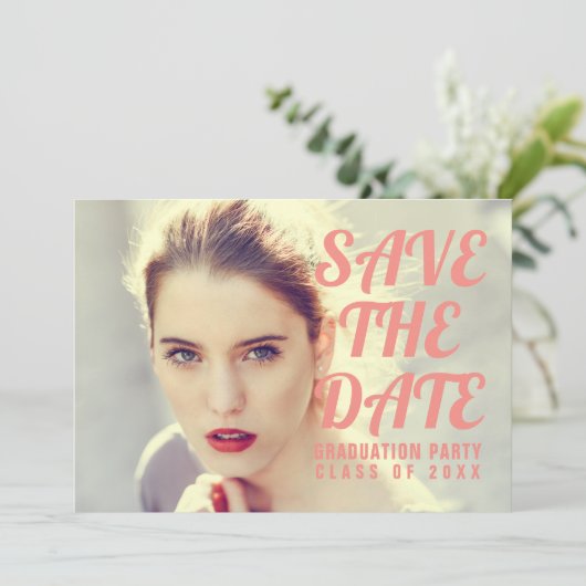 Einladung zur Foto Graduation Party. Save The Date (Stehend Vorderseite)