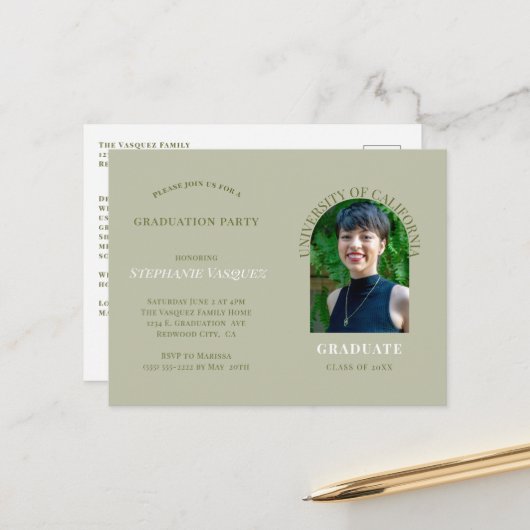 Einladung zur Foto Sage Graduation Party Postkarte (Vorderseite/Rückseite Beispiel)