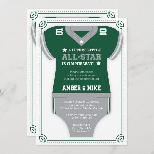 Einladung zur Fußball-Baby-Dusche, grün, grau (Vorne/Hinten)