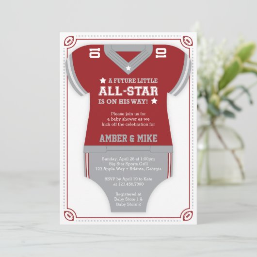 Einladung zur Fußball-Baby-Dusche, rot, grau (Stehend Vorderseite)