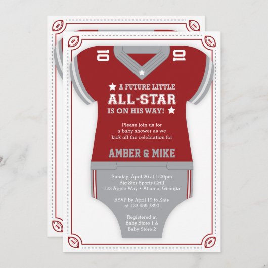 Einladung zur Fußball-Baby-Dusche, rot, grau (Vorne/Hinten)