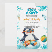 Einladung zur Geburtstagsfeier: Pinguin-Poolparty (Vorne/Hinten)