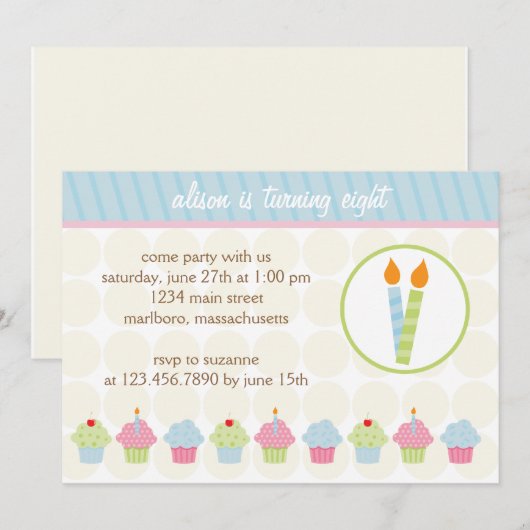 Einladung zur Geburtstagspartei Cupcake (Vorne/Hinten)