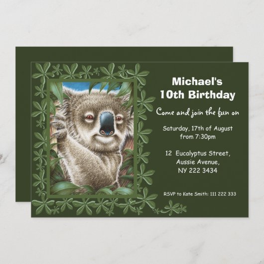 Einladung zur Geburtstagspartei Koala (Vorne/Hinten)