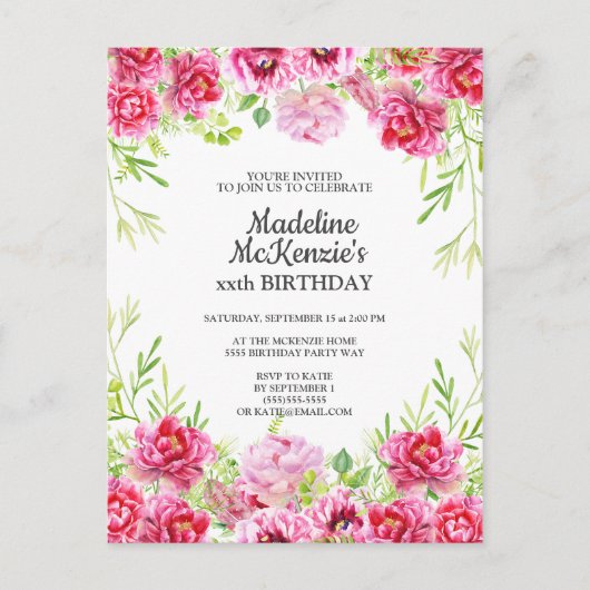 Einladung zur Geburtstagsparty in Rosa Postkarte (Vorderseite)