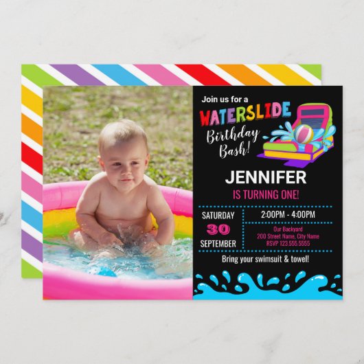 Einladung zur Geburtstagsparty Waterslide (Vorne/Hinten)
