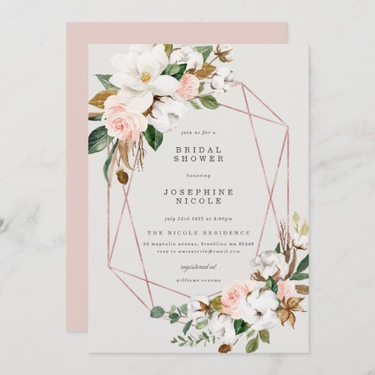 Einladung zur geometrischen Magnolia Bridal Dusche (Vorne/Hinten)