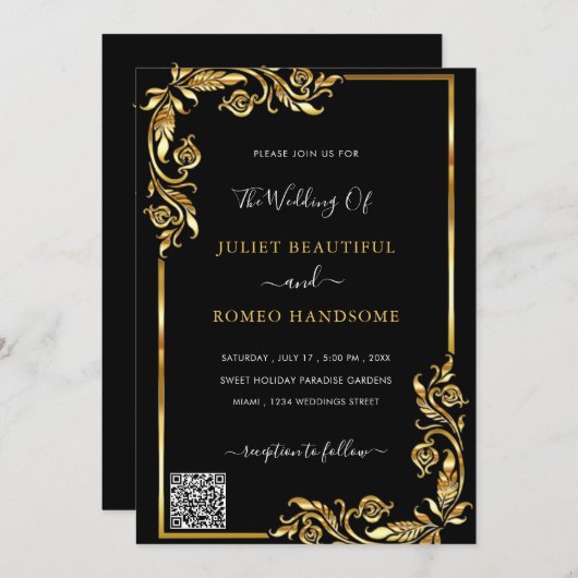 Einladung zur gerahmten Black Gold Hochzeit mit QR (Vorne/Hinten)