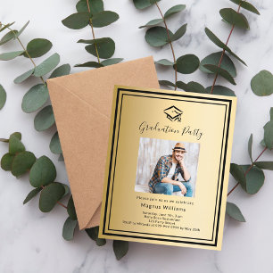 Einladung zur Gold Black Foto Cap Graduation Party