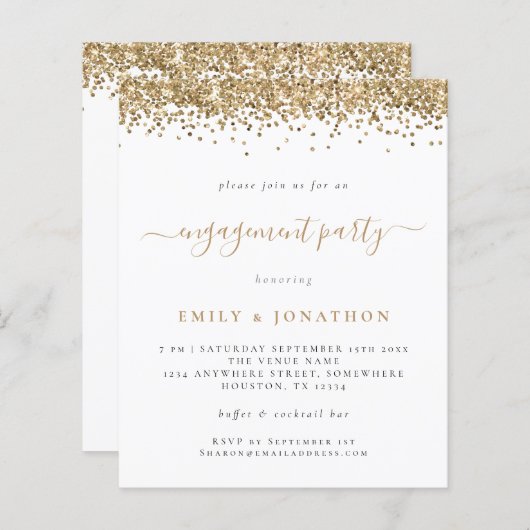 Einladung zur Gold Glitzer Script Engagement Party (Vorne/Hinten)